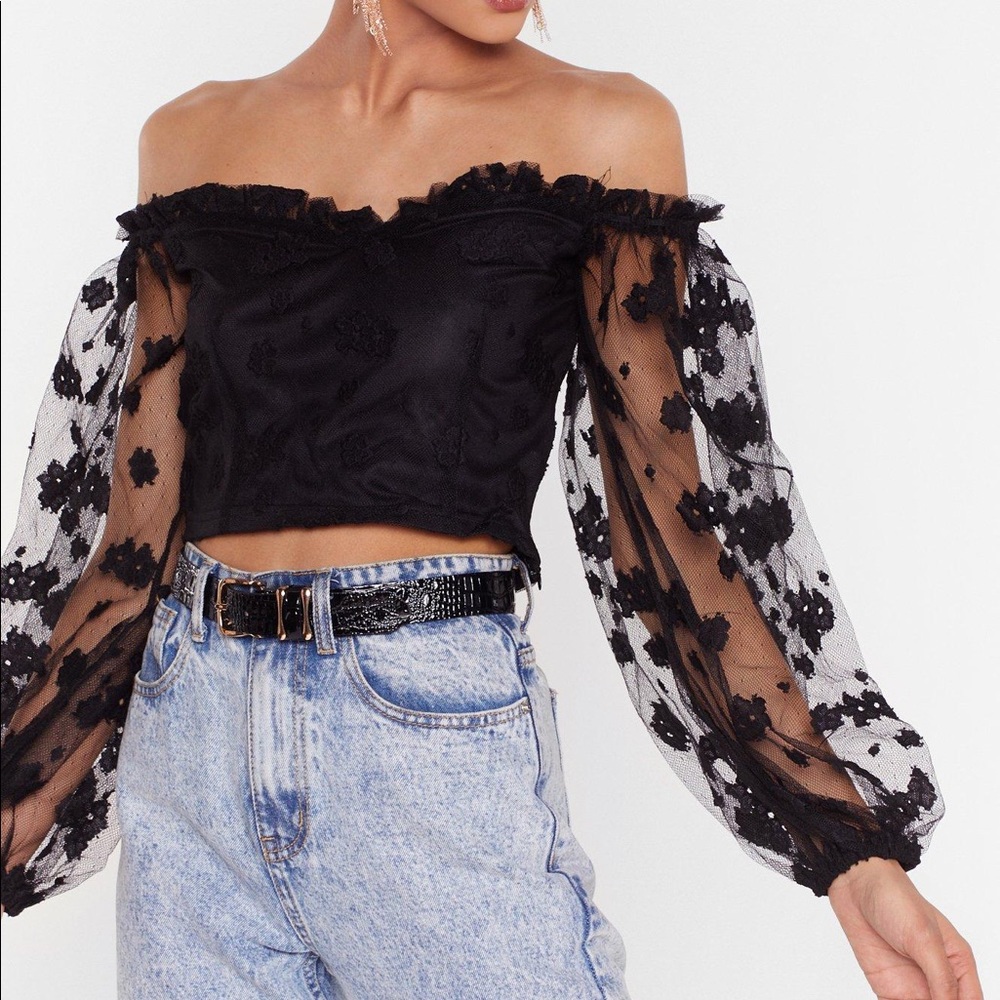 Nasty Gal Black Floral off the shoulder Top